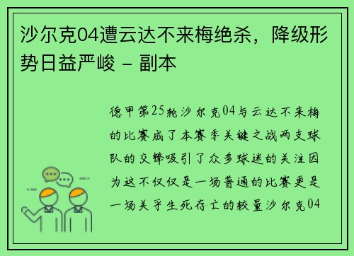 沙尔克04遭云达不来梅绝杀，降级形势日益严峻 - 副本